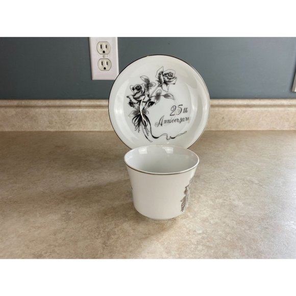 Gift Craft Bone China 25th Silver Wedding Anniversary Tea Cup And Saucer Set - Picture 3 of 7
